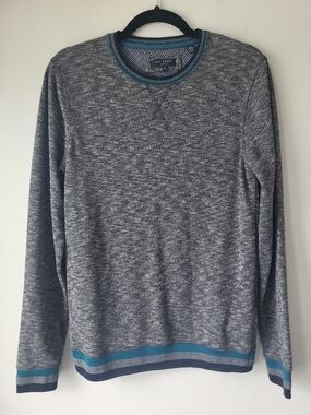 Ted Baker Men's Grey Marled Crewneck Classic Lightweight Sweater with Teal Trim